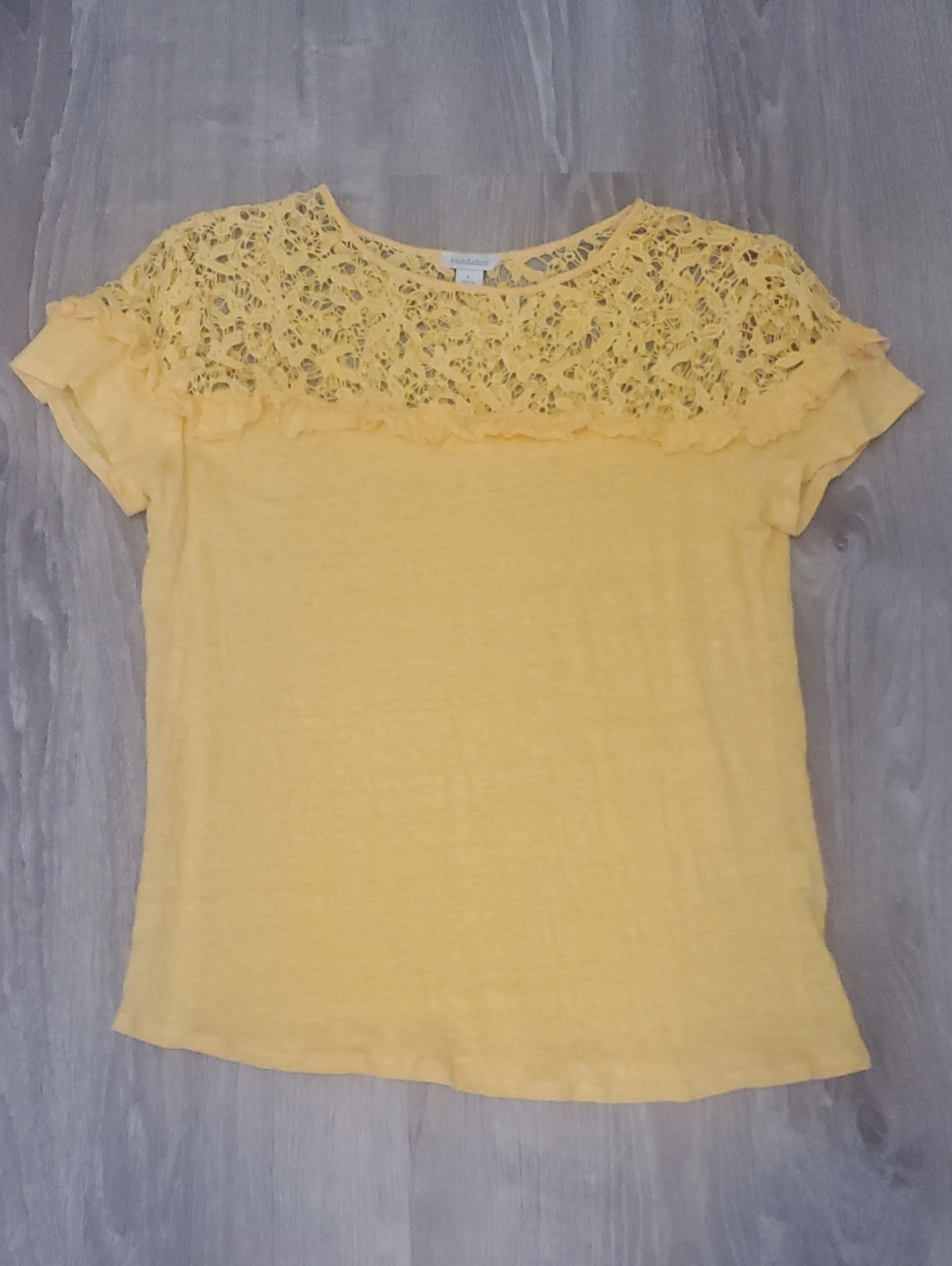 Sundance Yellow Linen Lace Yoke Short Sleeve Tee L